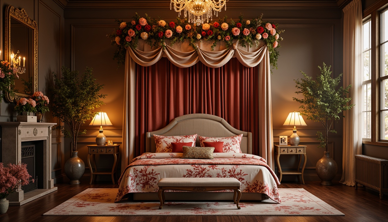 Prompt: Intricately patterned velvets, richly embroidered silks, ornate brocades, delicate lace trimmings, luxurious satin fabrics, softly draped canopies, intricately carved wooden frames, gilded metallic accents, opulent crystal chandeliers, lavish floral arrangements, romantic candlelit ambiance, warm golden lighting, shallow depth of field, 1/2 composition, intimate portrait view, highly detailed textures, realistic fabric simulations.