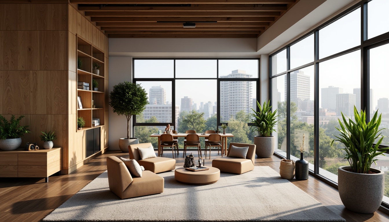 Prompt: Cozy home office, sound-absorbing panels, acoustic foam, minimal echo, warm wood furniture, comfortable seating, soft carpeting, calming greenery, natural light, floor-to-ceiling windows, urban cityscape views, 1/2 composition, shallow depth of field, realistic textures, ambient occlusion.