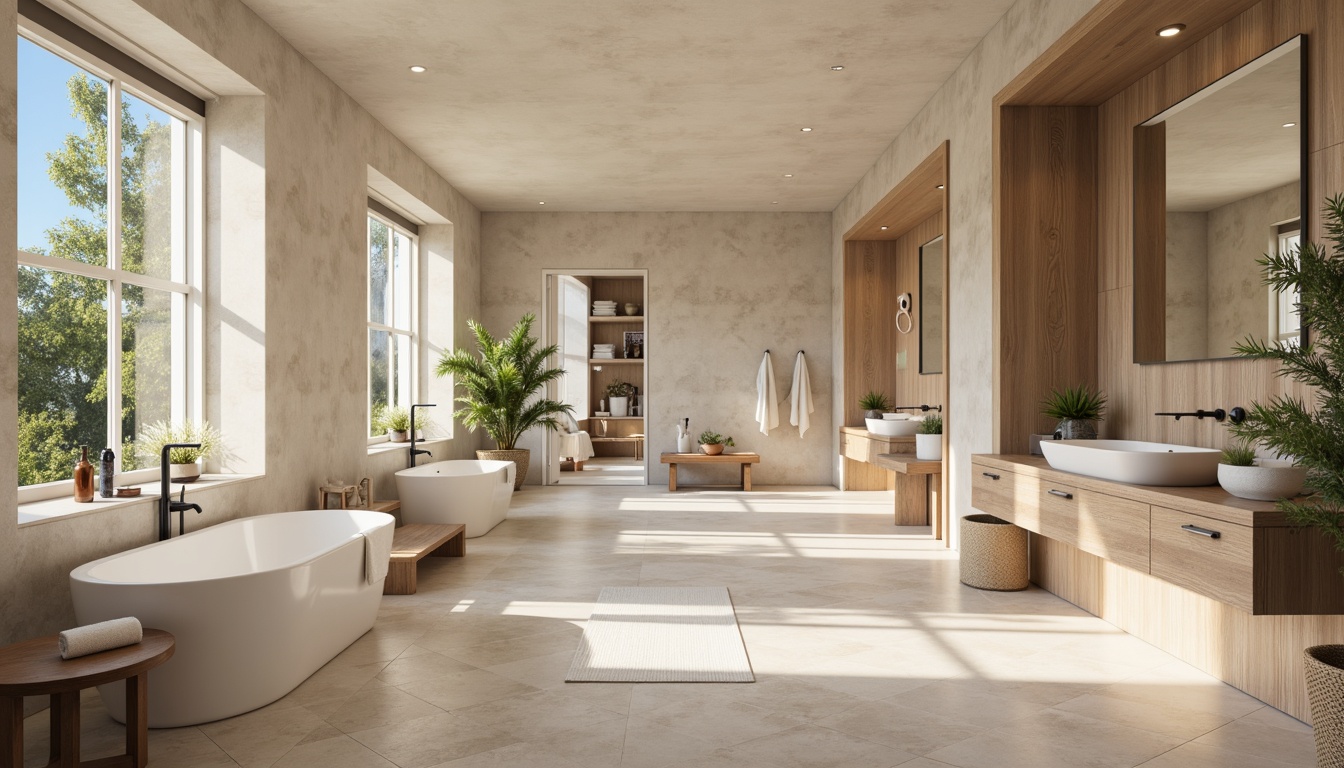 Prompt: Warm beige tones, soft creamy whites, gentle grays, calming blues, spa-inspired ambiance, freestanding tubs, rainfall showerheads, heated floors, natural stone textures, wooden cabinetry, minimalist fixtures, matte black accents, subtle chrome details, LED lighting, ambient illumination, relaxing atmosphere, serene retreat, 3/4 composition, shallow depth of field, panoramic view, realistic textures.