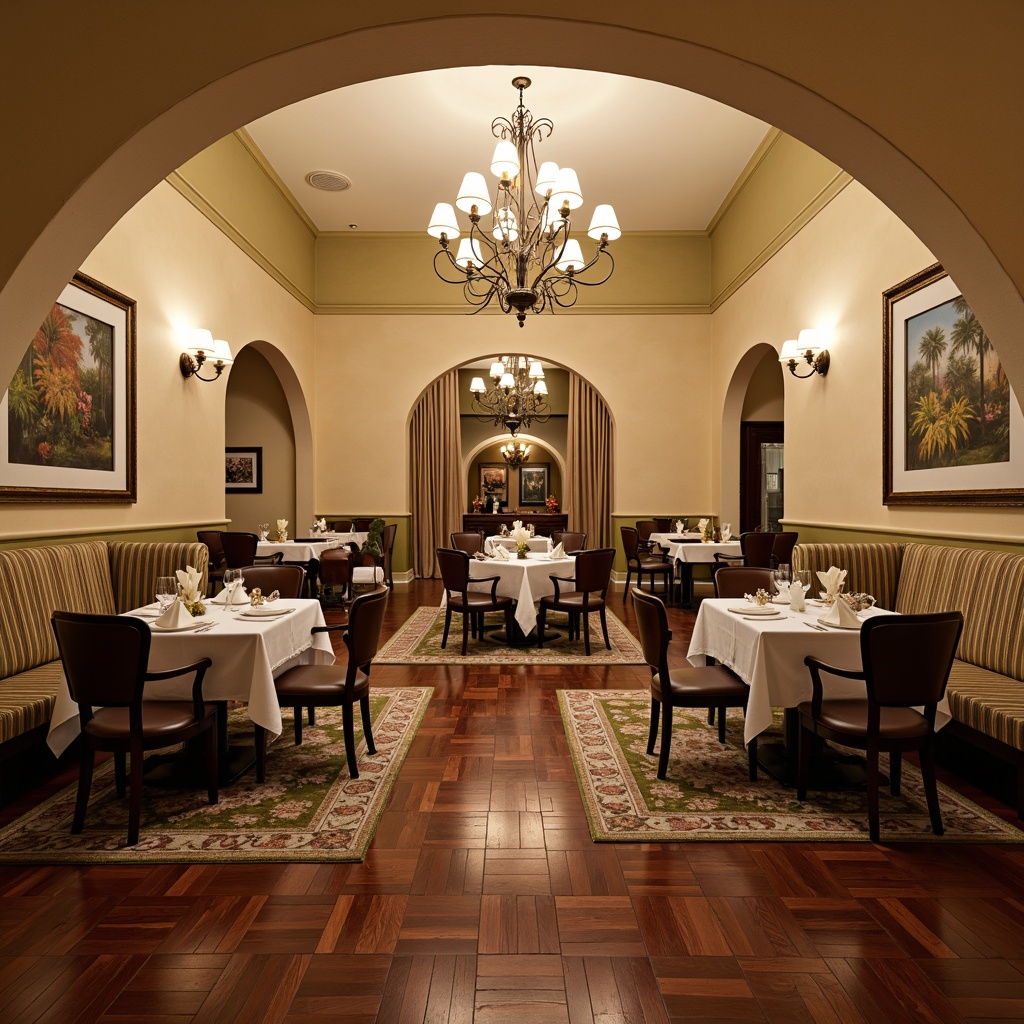 Prompt: Elegant dining hall, transitional style, warm beige walls, cream-colored ceilings, dark wood furniture, luxurious chandeliers, refined atmosphere, hardwood flooring, rich walnut tones, intricate parquet patterns, subtle sheen finish, comfortable seating areas, plush area rugs, soft warm lighting, 1/1 composition, intimate ambiance, sophisticated textures, atmospheric perspective.