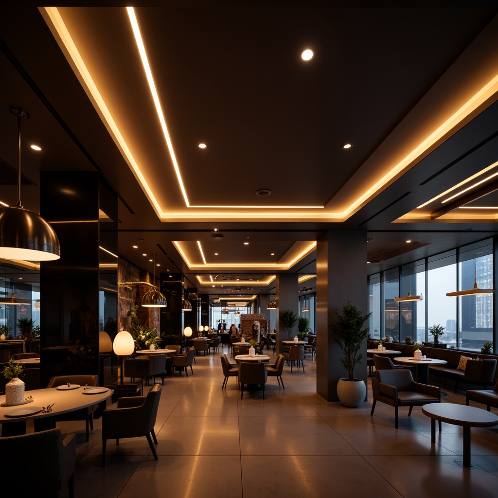 Prompt: Sophisticated modern interior, sleek LED light strips, warm ambient glow, futuristic pendant lamps, minimalist ceiling fixtures, polished chrome accents, soft warm lighting, dramatic high-contrast shadows, 1/2 composition, low-angle shot, realistic reflections, subtle gradient effects.