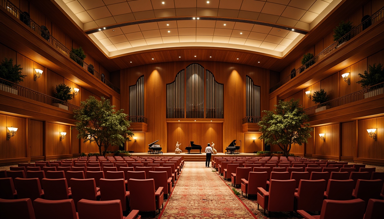 Prompt: Intimate concert hall, wooden paneling, warm lighting, plush seating, soundproofing materials, acoustic diffusers, curved ceilings, ornate chandeliers, classic architectural details, rich wood tones, comfortable atmosphere, soft carpeting, elegant balconies, grand pianos, vintage music instruments, refined textures, subtle color palette, sophisticated ambiance, shallow depth of field, 1/2 composition, realistic rendering.