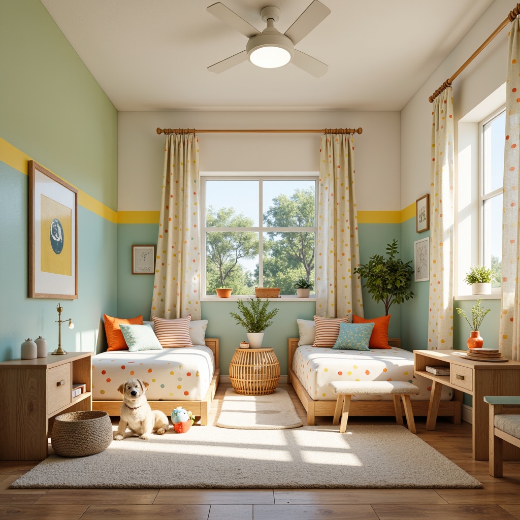 Prompt: Vibrant kids' room, soft pastel hues, creamy whites, gentle yellows, soothing blues, calming greens, playful oranges, whimsical patterns, cheerful polka dots, colorful stripes, textured fabrics, plush carpets, wooden furniture, cozy reading nooks, natural light, warm afternoon sunbeams, shallow depth of field, 1/2 composition, soft focus, realistic textures, ambient occlusion.