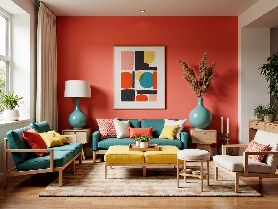 Prompt: Vibrant living room, bold color accents, bright coral walls, turquoise vases, yellow ottoman, patterned throw pillows, natural wood furniture, sleek coffee table, modern lamp fixtures, abstract artwork, soft warm lighting, shallow depth of field, 1/1 composition, realistic textures, ambient occlusion.