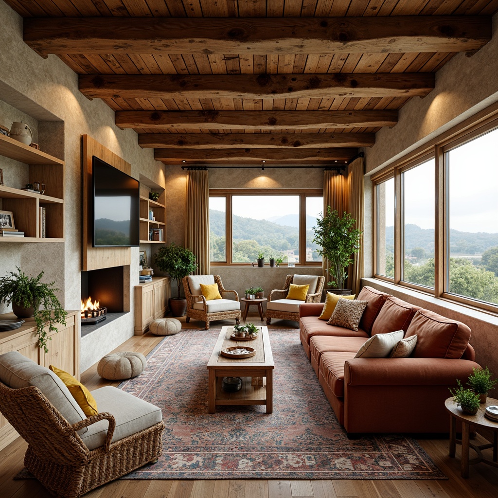 Prompt: Cozy living room, rustic wooden beams, natural stone walls, earthy color palette, plush velvet sofas, woven wicker chairs, vintage decorative items, soft warm lighting, shallow depth of field, 3/4 composition, warm beige tones, distressed wood accents, eclectic patterned rugs, lush greenery, potted plants, floor-to-ceiling windows, panoramic view, realistic textures, ambient occlusion.