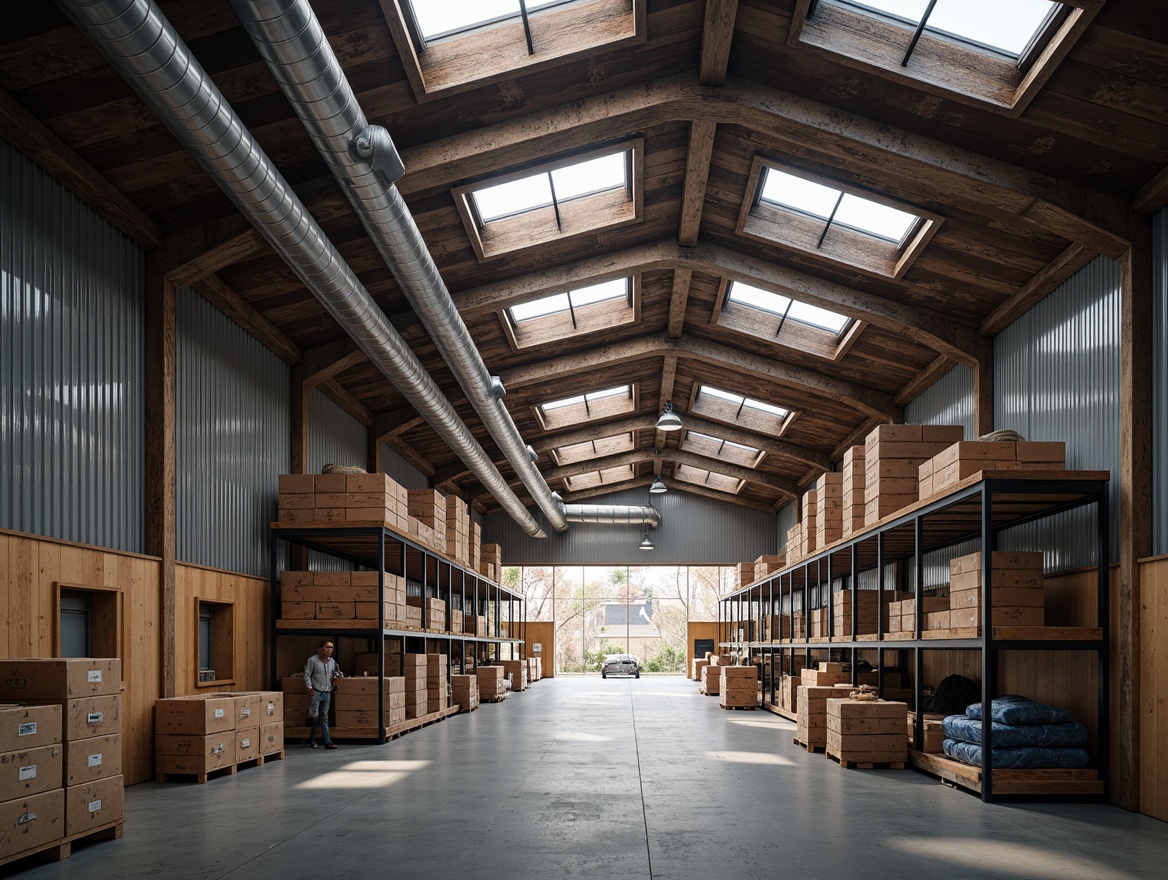 Prompt: Well-ventilated storage room, natural light pouring in, overhead skylights, clerestory windows, metal grating, industrial-chic aesthetic, exposed ductwork, galvanized pipes, rustic wooden accents, corrugated metal walls, polished concrete floors, ample headroom, vertical shelving units, steel beams, open racking systems, warm color palette, soft diffused lighting, 1/2 composition, subtle gradient effects, realistic metallic textures.