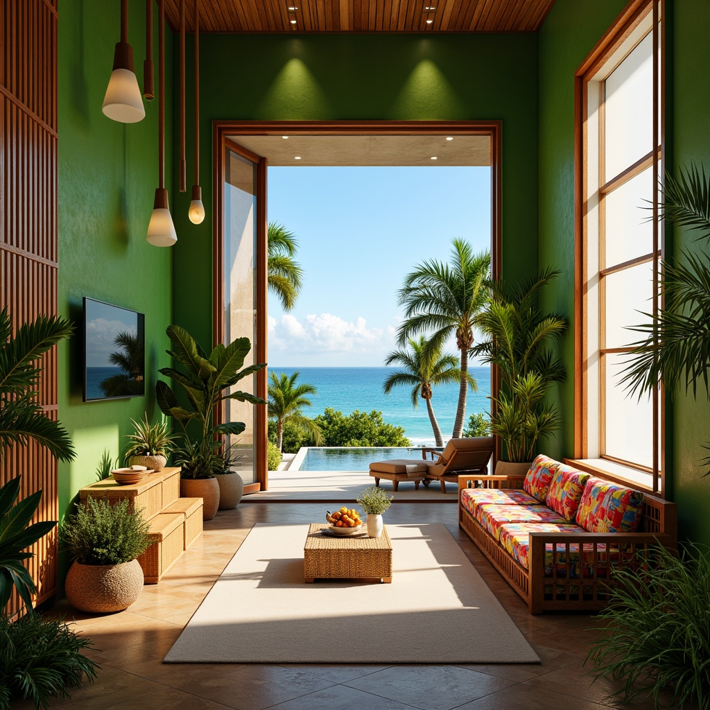 Prompt: Tropical modern architecture, lush green walls, wooden accents, large windows, sliding glass doors, warm natural light, soft diffused lighting, pendant lamps, rattan furniture, vibrant colorful textiles, exotic plants, palm trees, ocean views, sunny day, bright blue sky, shallow depth of field, 1/1 composition, realistic renderings, ambient occlusion.