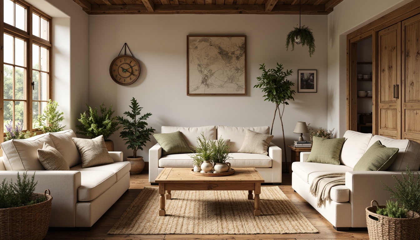 Prompt: Rustic farmhouse, vintage charm, earthy tones, warm beige walls, distressed wood accents, soft cream furniture, muted sage greenery, natural linen fabrics, woven baskets, antique metal decor, warm golden lighting, shallow depth of field, 1/1 composition, realistic textures, ambient occlusion.