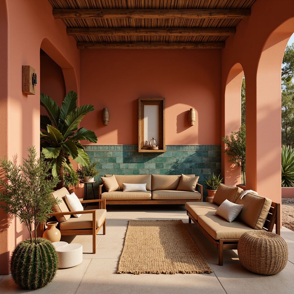 Prompt: Earthy southwestern interior, warm terracotta walls, rustic wooden accents, turquoise decorative tiles, woven wool rugs, natural linen fabrics, desert botanicals, cacti plants, sandy beige floors, rich walnut furniture, vibrant coral hues, soft sage greens, warm golden lighting, atmospheric sunset colors, 1/2 composition, shallow depth of field, realistic textures, ambient occlusion.