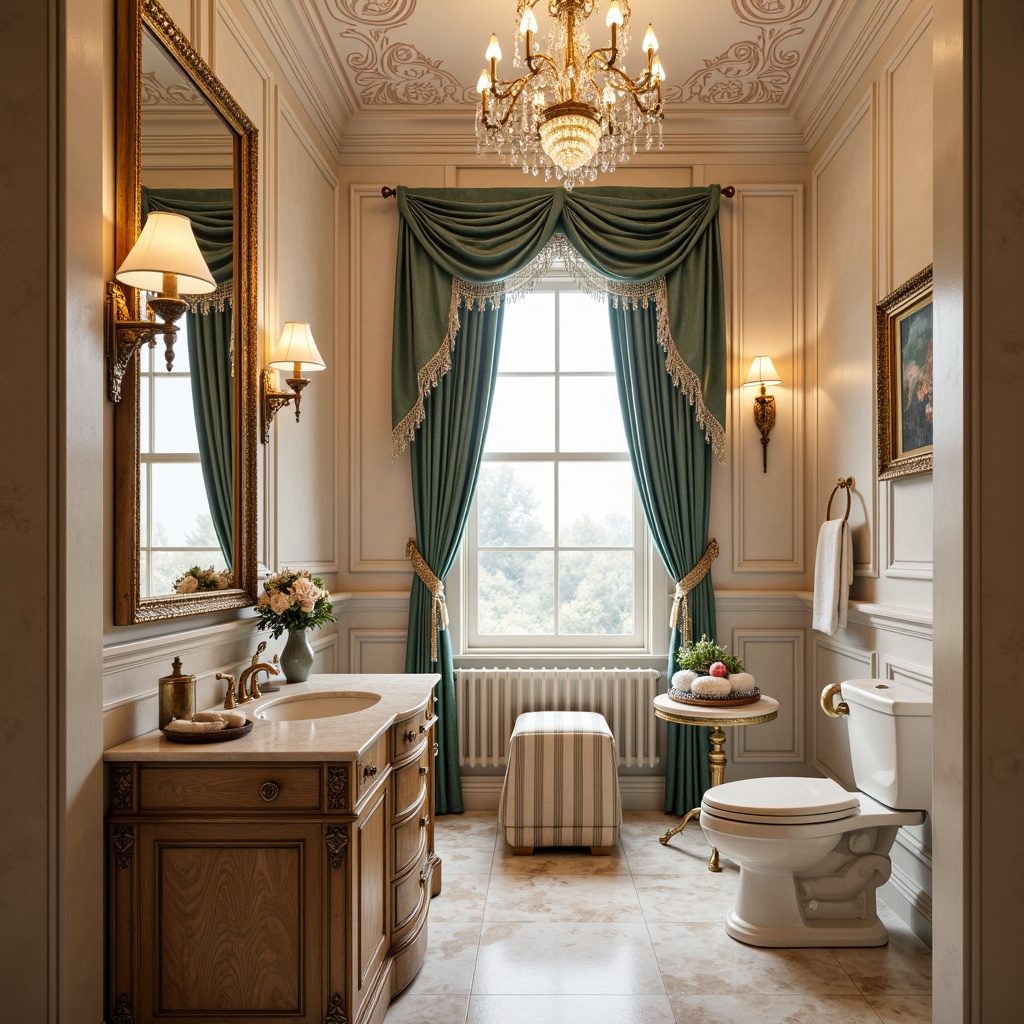 Prompt: Luxurious powder room, ornate gold accents, soft pastel hues, delicate florals, velvet drapes, intricate moldings, crystal chandeliers, marble countertops, porcelain fixtures, gentle candlelight, warm beige walls, pale pink ceiling, rich turquoise accents, subtle sheen finishes, Baroque-inspired patterns, delicate lace trimmings, romantic ambiance, intimate setting.