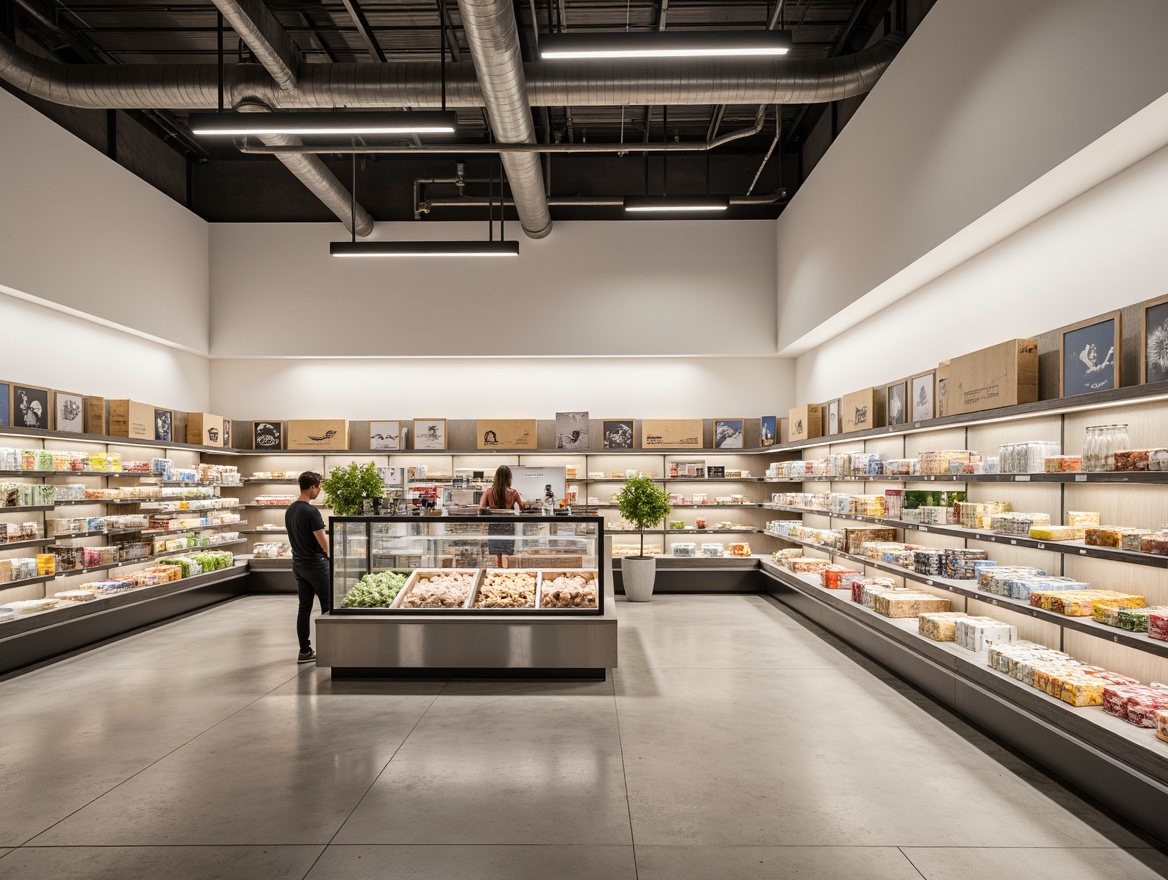 Prompt: Clean grocery store interior, minimalist decor, simple shelving units, industrial-style lighting fixtures, exposed ductwork, polished concrete floors, matte white walls, subtle branding, modern product displays, recessed ceiling lights, soft warm glow, 1/1 composition, realistic textures, ambient occlusion, suspended linear luminaires, sleek metal finishes, frosted glass shades, energy-efficient LED lighting.