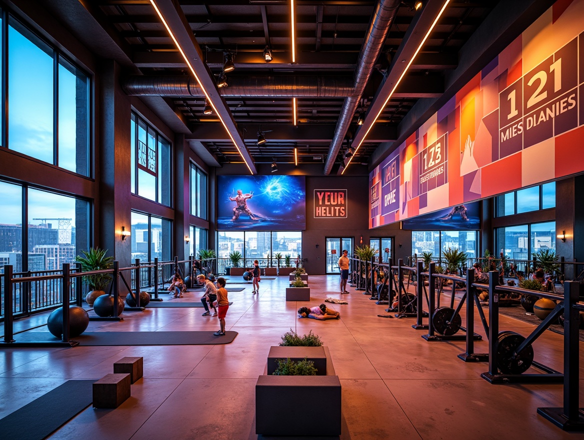 Prompt: Vibrant gym interior, high-ceilinged space, motivational quotes, dynamic lighting system, LED strip lights, color-changing ambiance, strobe lights, spotlights on equipment, floor-to-ceiling windows, natural daylight, urban cityscape views, industrial-chic decor, metallic accents, polished concrete floors, modern fitness equipment, free weights, exercise machines, yoga mats, suspension training systems, high-intensity workout areas, relaxed stretching zones, panoramic mirrors, dynamic shadows, warm color temperature, high-contrast lighting, 1/2 composition, shallow depth of field, realistic reflections.