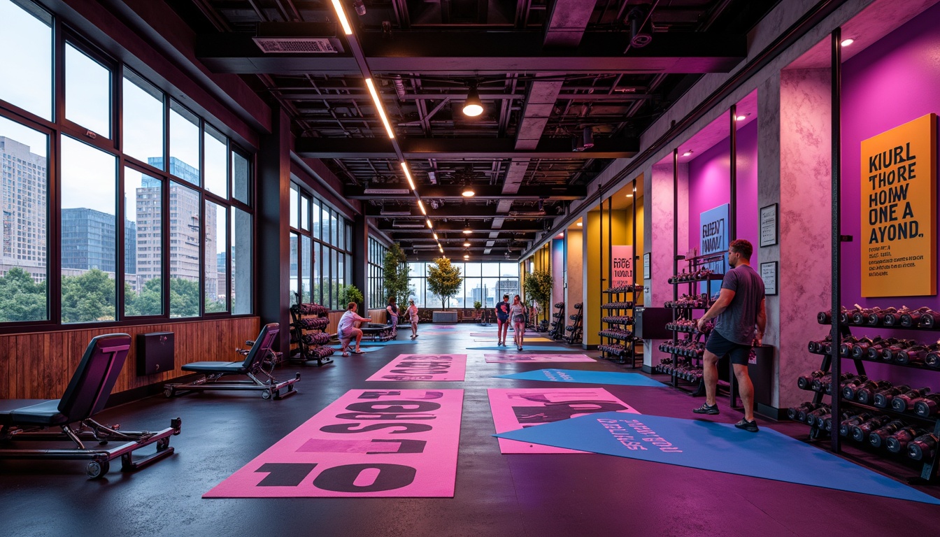 Prompt: Vibrant fitness club interior, bold color accents, energetic atmosphere, modern equipment, sleek metal frames, rubber flooring, motivational quotes, neon-lit corridors, dynamic lighting effects, high-contrast colors, abstract geometric patterns, urban industrial design, exposed ductwork, reclaimed wood accents, minimalist decor, floor-to-ceiling windows, natural light pouring in, warm ambient glow, shallow depth of field, 1/1 composition, realistic textures.