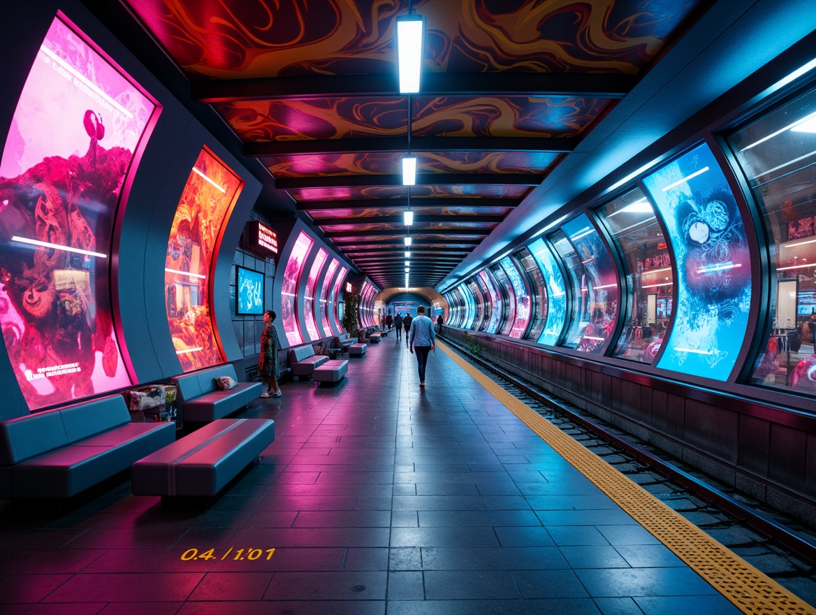 Prompt: Vibrant metro station, futuristic architecture, expressionist design, bold geometric patterns, bright neon lights, iridescent wall finishes, glossy metallic surfaces, undulating wavy lines, abstract murals, urban cityscape, rush hour atmosphere, dynamic motion blur, shallow depth of field, 1/1 composition, cinematic lighting, high-contrast colors, moody shadows, sleek modern furnishings, stainless steel accents, industrial chic aesthetic.