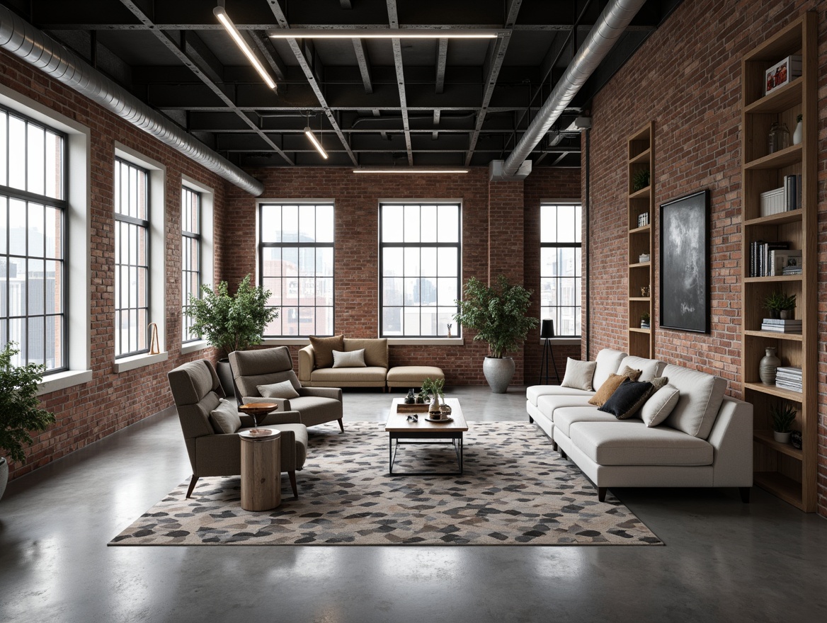 Prompt: Industrial loft, exposed brick walls, metal beams, polished concrete floors, minimalist decor, low-profile sofas, sleek coffee tables, geometric-patterned rugs, monochromatic color schemes, metallic accents, reclaimed wood shelves, industrial-chic lighting fixtures, floor-to-ceiling windows, urban city views, soft natural light, shallow depth of field, 2/3 composition, realistic textures, ambient occlusion.