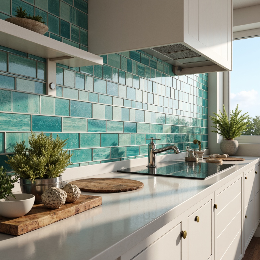 Prompt: \Coastal kitchen backsplash, ocean-inspired design, shimmering glass tiles, soft blue-green hues, sea-glass accents, driftwood textures, natural stone surfaces, shell-shaped patterns, beachy vibes, sunny day lighting, warm neutral colors, 3/4 composition, panoramic view, realistic reflections, ambient occlusion.\Please let me know if this meets your requirements!