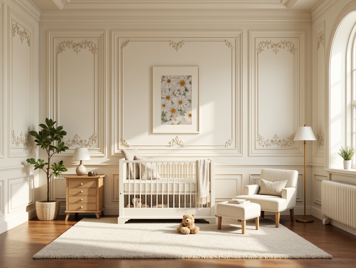 Prompt: Soft cream walls, ornate moldings, delicate floral patterns, subtle gold accents, gentle curves, warm beige tones, elegant wainscoting, classic pediments, refined stucco textures, serene nursery atmosphere, plush area rugs, softbox lighting, 1/1 composition, intimate focal point, realistic wood grains, ambient occlusion.Let me know if this meets your expectations!