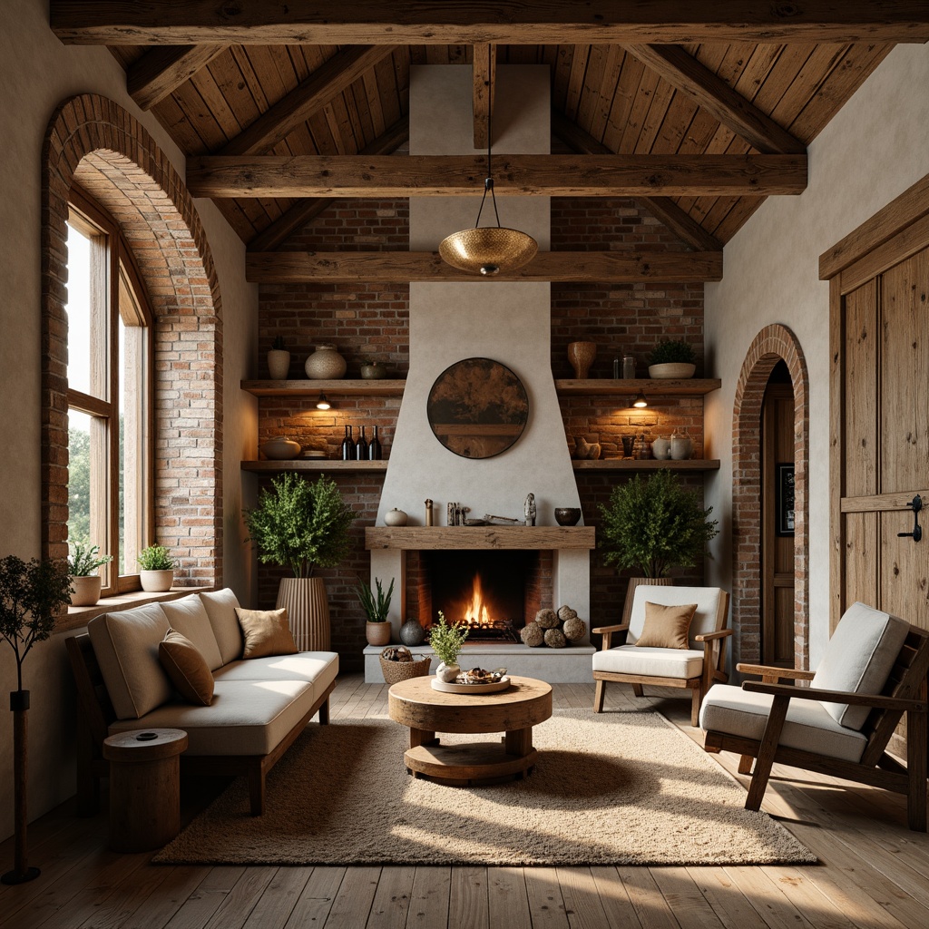 Prompt: Rustic wooden accents, distressed textures, earthy color palette, natural stone walls, reclaimed wood planks, vintage metal decor, worn brick facades, cozy candle lighting, warm beige tones, organic materiality, rough-hewn wood beams, soft warm glow, shallow depth of field, 1/2 composition, realistic wear and tear, ambient occlusion.