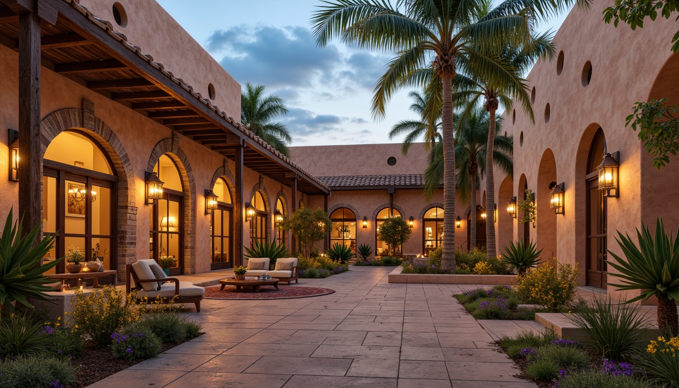 Prompt: Adobe stucco walls, rustic wooden doors, ornate ironwork, vibrant turquoise accents, intricate stone carvings, arched windows, terra cotta roof tiles, weathered wooden beams, adobe brick floors, candlelit corridors, serene courtyard gardens, mature palm trees, warm sandy pathways, golden hour lighting, shallow depth of field, 1/1 composition, intimate scale, soft natural textures, ambient occlusion.