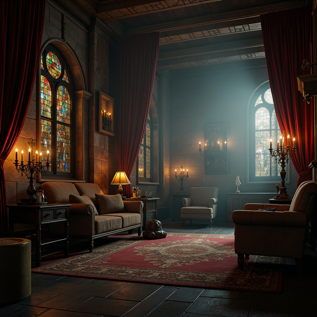 Prompt: Dimly lit chamber, ornate stone walls, mysterious fog, eerie candelabras, flickering torches, stained glass windows, dark wooden furniture, mystical artifacts, crimson velvet drapes, ominous shadows, warm golden lighting, soft misty atmosphere, dramatic spotlights, cinematic composition, high contrast ratio, rich textures, ambient occlusion.