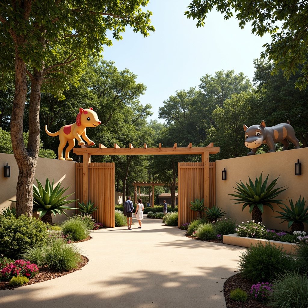 Prompt: Vibrant zoo entrance, playful animal sculptures, lush greenery, wooden fencing, rustic gates, earthy tones, natural stone walls, warm beige pathways, exotic tropical plants, colorful floral arrangements, whimsical water features, sunny day, soft warm lighting, shallow depth of field, 3/4 composition, panoramic view, realistic textures, ambient occlusion.