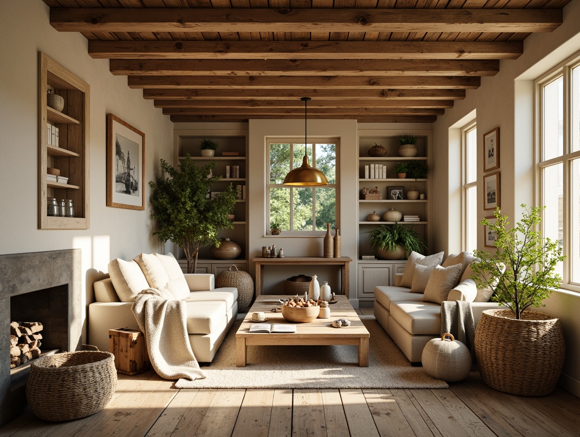 Prompt: Rustic farmhouse interior, warm earthy tones, weathered wooden accents, soft creamy whites, muted greens, distressed finishes, vintage decorative items, natural textiles, woven baskets, reclaimed wood floors, exposed beams, cozy reading nooks, plush throw blankets, warm golden lighting, soft focus, 1/2 composition, inviting atmosphere.