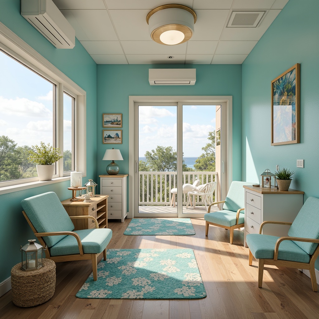 Prompt: Coastal-themed dental clinic, calming ocean-inspired color palette, soothing turquoise walls, creamy white furniture, natural wood accents, driftwood decorative pieces, coral-patterned rugs, plush aqua-blue chairs, beachy lantern lighting, nautical rope details, large windows with coastal views, sliding glass doors, saltwater aquariums, seaside-inspired artwork, refreshing ocean breeze ambiance, soft warm lighting, shallow depth of field, 1/1 composition, realistic textures, ambient occlusion.