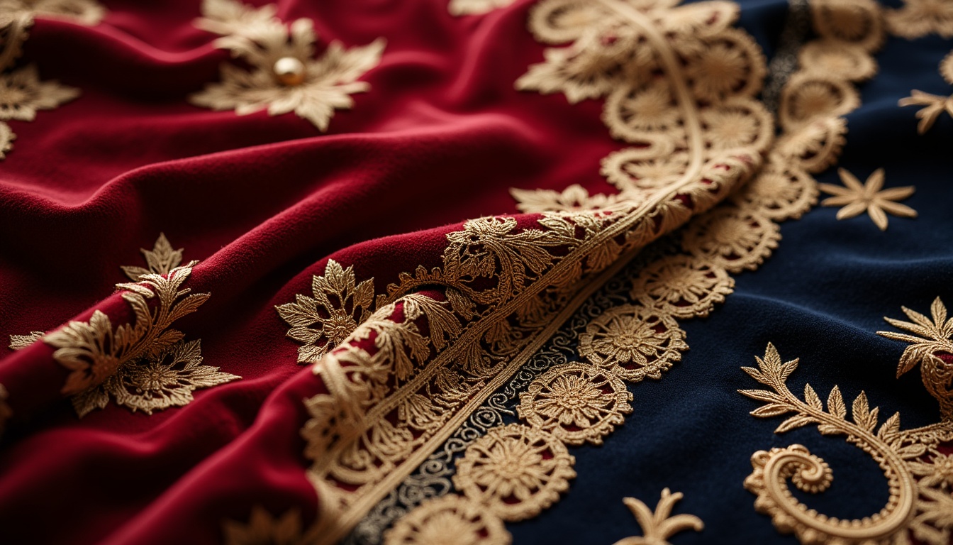 Prompt: Rich velvet fabrics, intricate golden embroidery, ornate silk brocades, lavish lace trimmings, opulent taffeta drapes, majestic crimson reds, regal navy blues, luxurious cream whites, ornamental floral patterns, curved Baroque lines, dramatic folds, cascading ruffles, soft warm lighting, shallow depth of field, 1/1 composition, realistic textures, ambient occlusion.