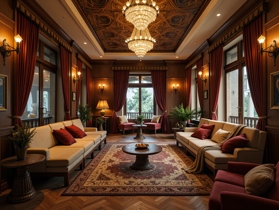 Prompt: Elegant living room, ornate furniture, luxurious fabrics, velvet cushions, carved wooden accents, crystal chandeliers, floor-to-ceiling curtains, intricate patterns, Moroccan-inspired tiles, ambient warm lighting, soft focus, shallow depth of field, 1/2 composition, realistic textures, subtle ambient occlusion.