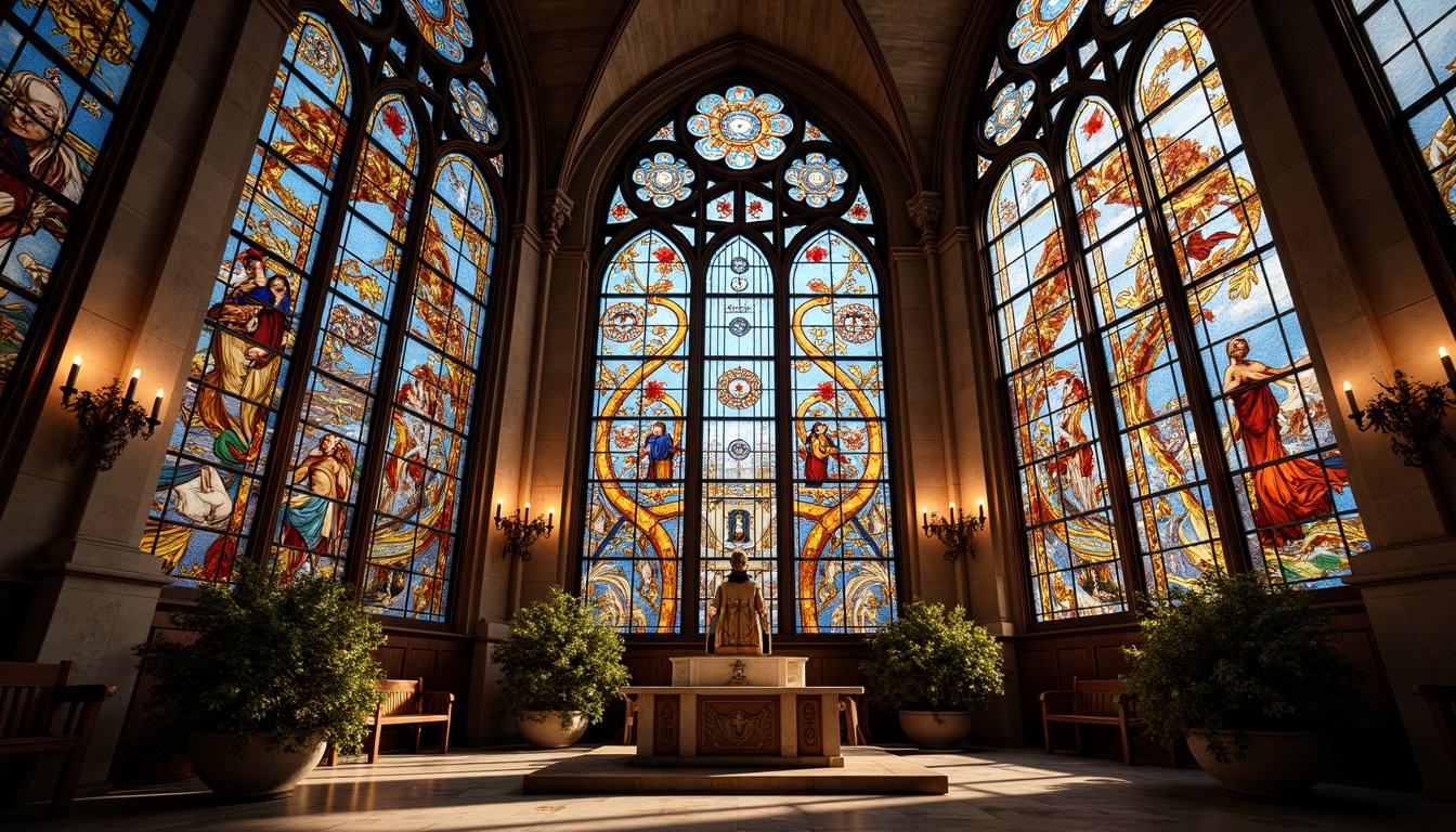 Prompt: Intricate stained glass windows, ornate metal frames, vibrant jewel-toned colors, floral patterns, organic shapes, flowing curves, symmetrical compositions, dramatic light effects, spiritual ambiance, grandiose architectural scale, high ceilings, ornate altars, intricate carvings, marble flooring, mosaic details, mystical symbols, dreamlike atmosphere, soft warm lighting, 1/2 composition, shallow depth of field, realistic textures, ambient occlusion.