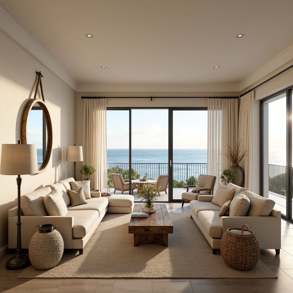 Prompt: Coastal living room, soft ocean breeze, calming sea views, comfortable sofas, natural linen fabrics, driftwood coffee tables, woven seagrass baskets, coral-inspired vases, shell-adorned mirrors, warm beige walls, creamy white ceilings, floor-to-ceiling windows, sliding glass doors, soft sheer curtains, table lamps with nautical ropes, pendant lights with glass shades, warm LED lighting, cozy reading nooks, plush area rugs, ocean-blue accents, natural textures, relaxed atmosphere, morning sunlight, subtle shadows, 1/1 composition, intimate scale, realistic renderings.