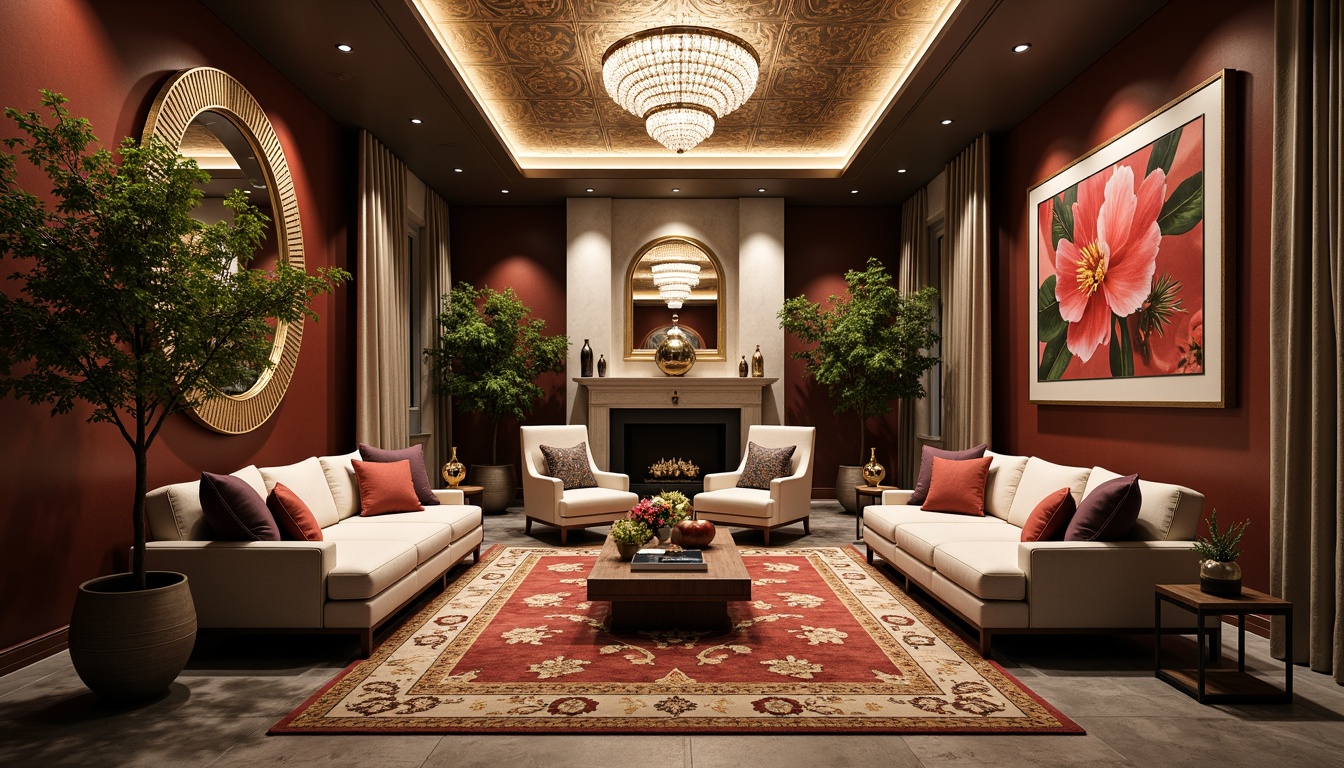 Prompt: Elegant living room, luxurious furniture, ornate mirrors, crystal chandeliers, plush area rugs, vibrant accent walls, decorative vases, exotic plants, intricate ceiling designs, opulent drapery, lavish textiles, metallic accents, ambient lighting, shallow depth of field, 1/1 composition, realistic reflections, soft warm glow.