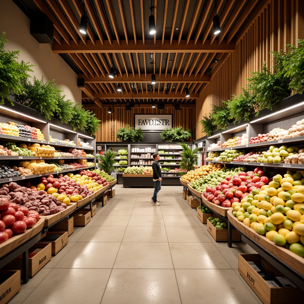 Prompt: Vibrant grocery store interior, natural wood accents, earthy tone walls, warm beige flooring, fresh produce displays, colorful fruit stands, green leafy decorations, modern metal shelves, clean white signage, bright overhead lighting, 1/2 composition, shallow depth of field, soft focus blur, appetizing food arrangements, realistic textures, ambient occlusion.