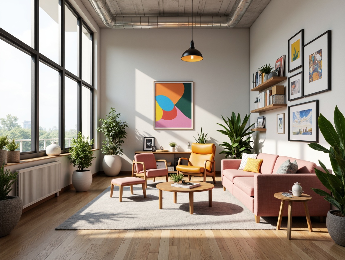 Prompt: Vibrant art studio, eclectic furniture, abstract artwork, bold color blocks, pastel hues, metallic accents, modern minimalist decor, sleek wooden floors, floor-to-ceiling windows, natural light pouring in, soft gradient background, 1/1 composition, realistic rendering, ambient occlusion, subtle textures.