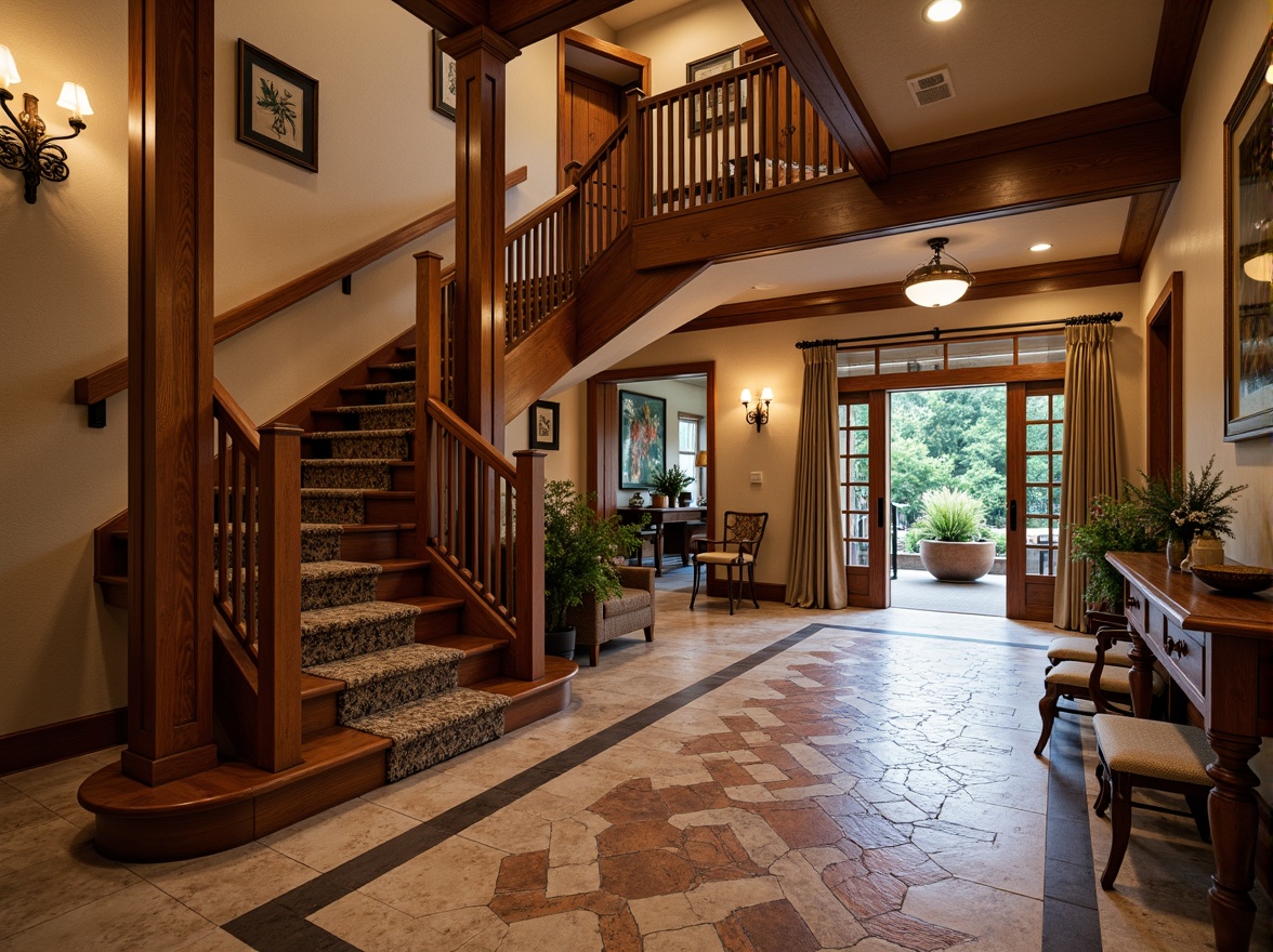 Prompt: Craftsman staircase, wooden handrail, ornate newel posts, earthy color palette, hexagonal tile patterns, geometric inlays, natural stone flooring, warm ambient lighting, 3/4 composition, shallow depth of field, realistic textures, rustic wood tones, distressed finishes, vintage metal fixtures, elegant curves, grand entrance hall, spacious landing area, richly textured carpets, inviting seating nooks.