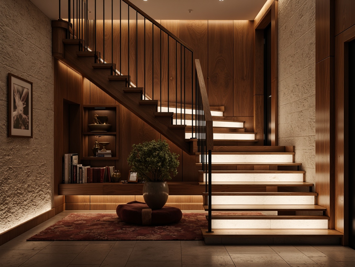 Prompt: Luxurious staircase, rich wood tones, sleek metal railings, velvety soft carpeting, rough-hewn stone walls, dramatic LED lighting, modern minimalist design, floating steps, cantilevered landings, open risers, geometric patterned tiles, polished chrome accents, warm ambient glow, high-contrast textures, 3D visual interest, shallow depth of field, realistic renderings.