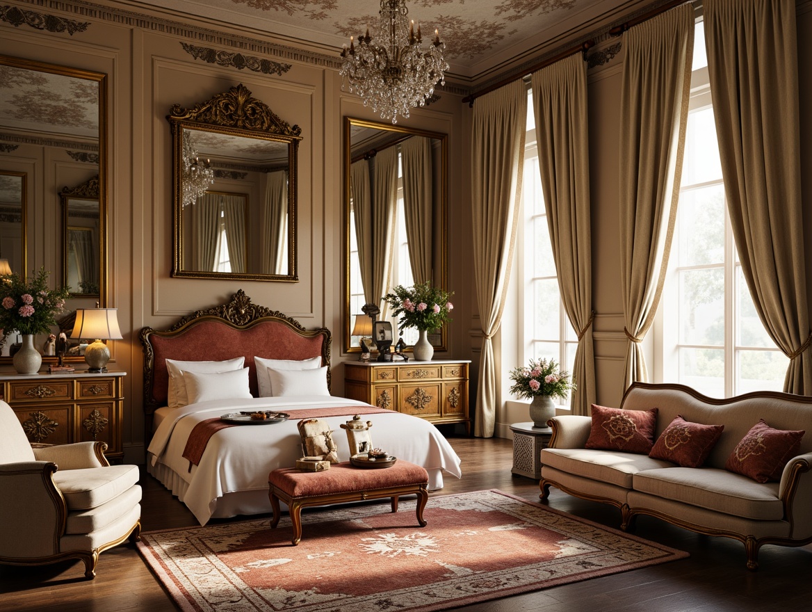 Prompt: Luxurious boudoir, ornate mirrors, gilded frames, velvet upholstery, carved wooden furniture, curvaceous silhouettes, soft pastel hues, intricate patterns, crystal chandeliers, lavish drapery, rich tapestries, delicate porcelain vases, ornamental clocks, elegant marble tops, subtle Rococo motifs, warm golden lighting, shallow depth of field, 1/1 composition, intimate atmosphere, realistic textures, ambient occlusion.