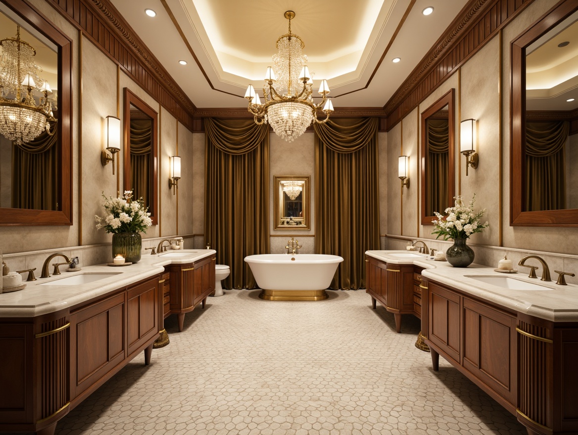 Prompt: Luxurious Art Deco bathroom, marble countertops, metallic accents, ornate mirrors, geometric patterned tiles, velvet drapes, polished chrome fixtures, hexagonal flooring, opulent chandeliers, rich wood cabinetry, soft golden lighting, warm beige walls, elegant freestanding tubs, rain showerheads, subtle gradient colors, intricate moldings, lavish textiles, ornamental accessories, symmetrical composition, shallow depth of field.