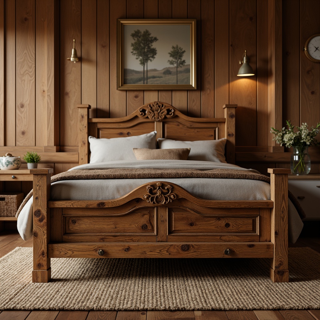 Prompt: Rustic wooden bedframe, ornate carvings, distressed finishes, solid oak wood, wooden paneling, traditional craftsman style, cozy bedroom atmosphere, soft warm lighting, plush area rug, earthy color palette, natural textiles, woven baskets, vintage metal hardware, rich wood tones, tactile woodgrain, shallow depth of field, 1/1 composition, intimate close-up shots, realistic wood textures, ambient occlusion.