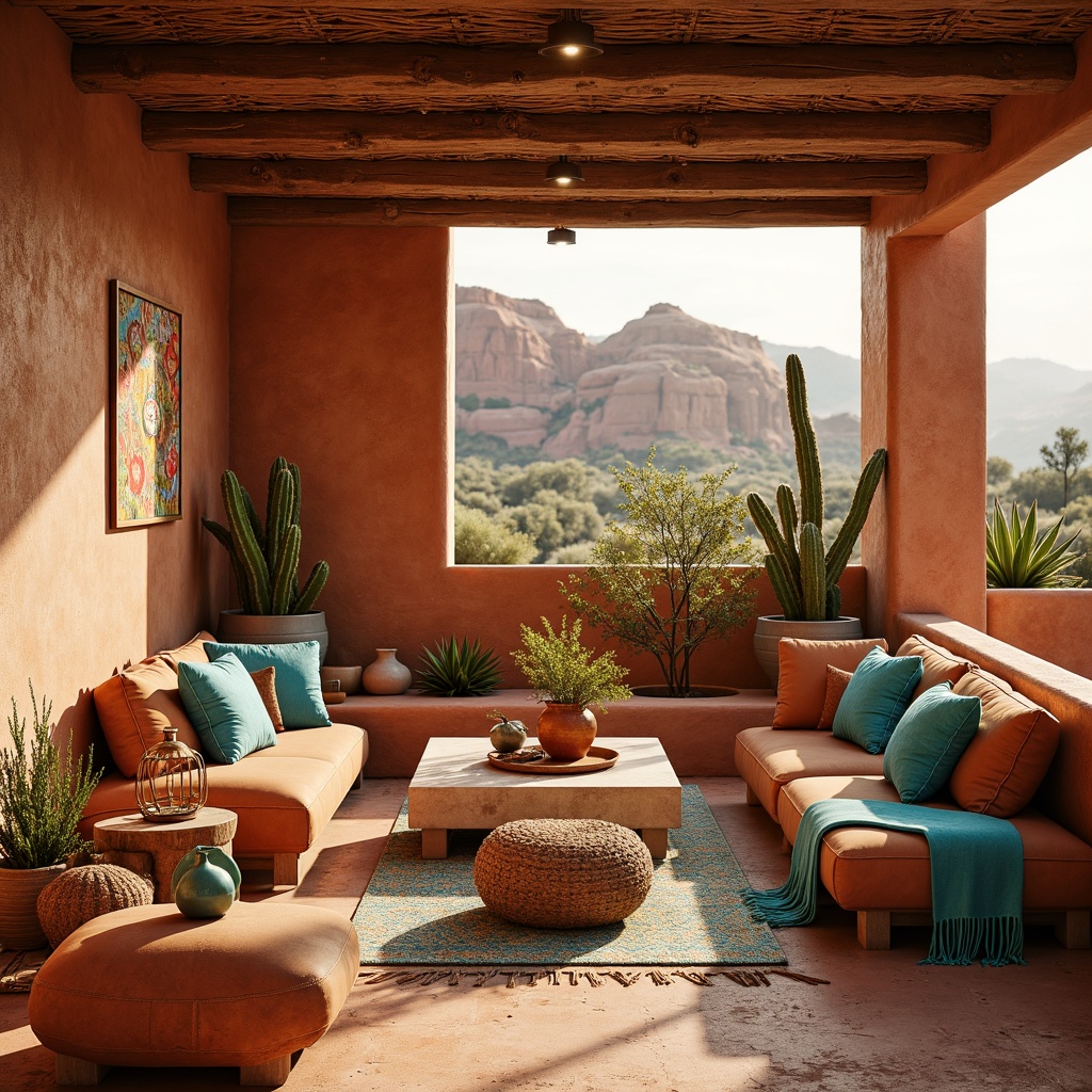 Prompt: Vibrant southwestern interior, earthy tone walls, terracotta pottery, turquoise accents, sandy beige floors, rustic wooden furniture, woven textiles, Native American-inspired patterns, warm golden lighting, soft sunlit ambiance, adobe-style architecture, clay roof tiles, desert botanicals, cacti plants, vibrant red rock formations, misty morning atmosphere, 3/4 composition, panoramic view, realistic textures, ambient occlusion.