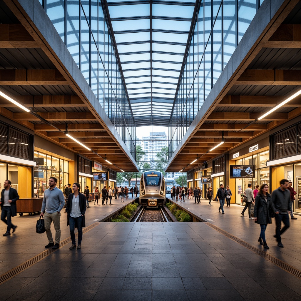 Prompt: Vibrant train station, modern architecture, sleek metal beams, glass roofs, natural stone floors, warm wooden accents, urban cityscape, busy commuters, rush hour atmosphere, soft warm lighting, shallow depth of field, 3/4 composition, panoramic view, realistic textures, ambient occlusion, calming blue tones, energetic yellow hues, bold red accents, neutral beige backgrounds, contrasting color blocks, harmonious gradient transitions.