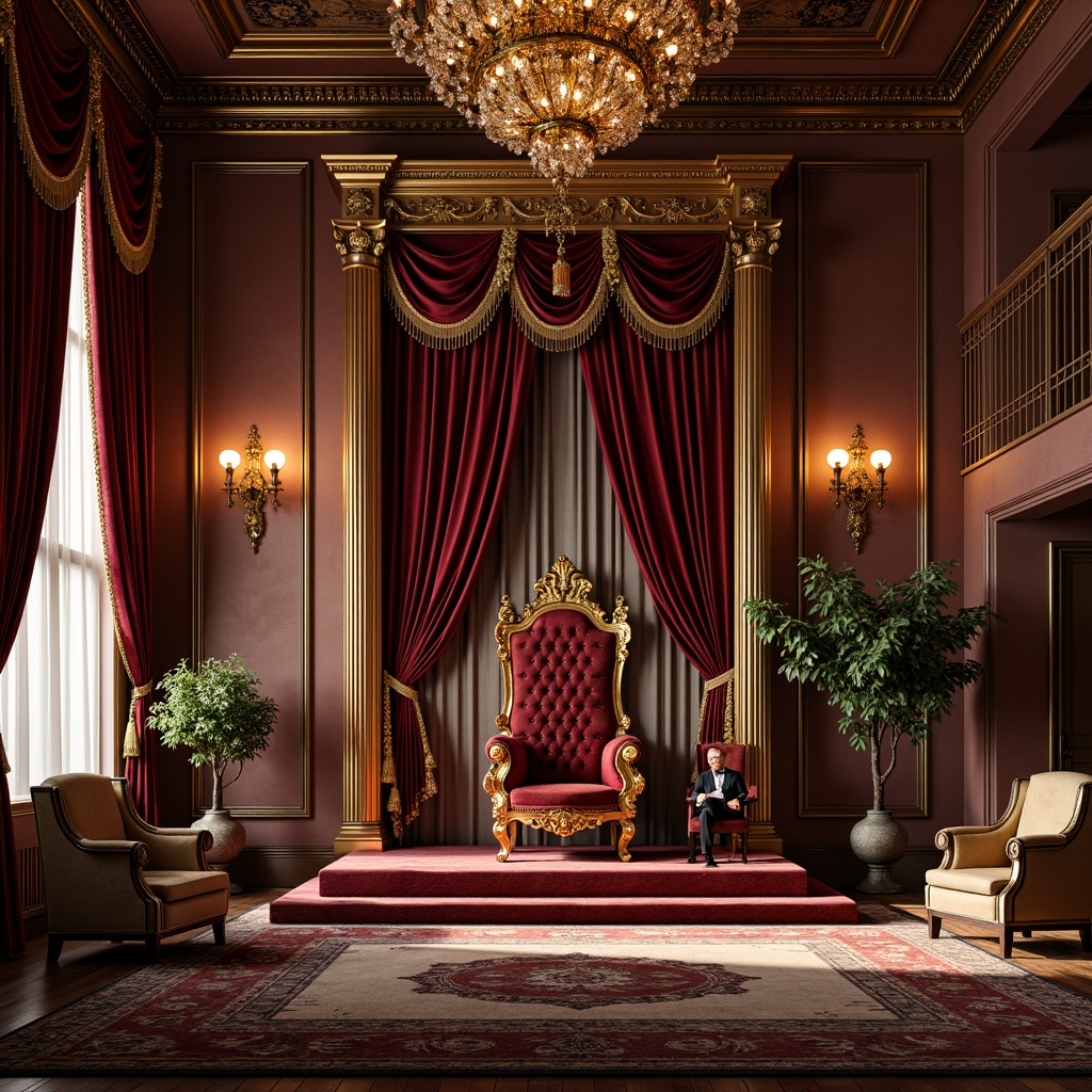 Prompt: Opulent throne room, rich velvet drapes, intricate gold embroidery, luxurious silk fabrics, ornate wooden paneling, gilded frames, grand chandelier, lavish furnishings, regal atmosphere, soft warm lighting, shallow depth of field, 1/1 composition, realistic textures, ambient occlusion, dramatic shadows, Baroque architectural details, ornamental motifs, curved lines, flamboyant patterns, heavy drapery, majestic columns.