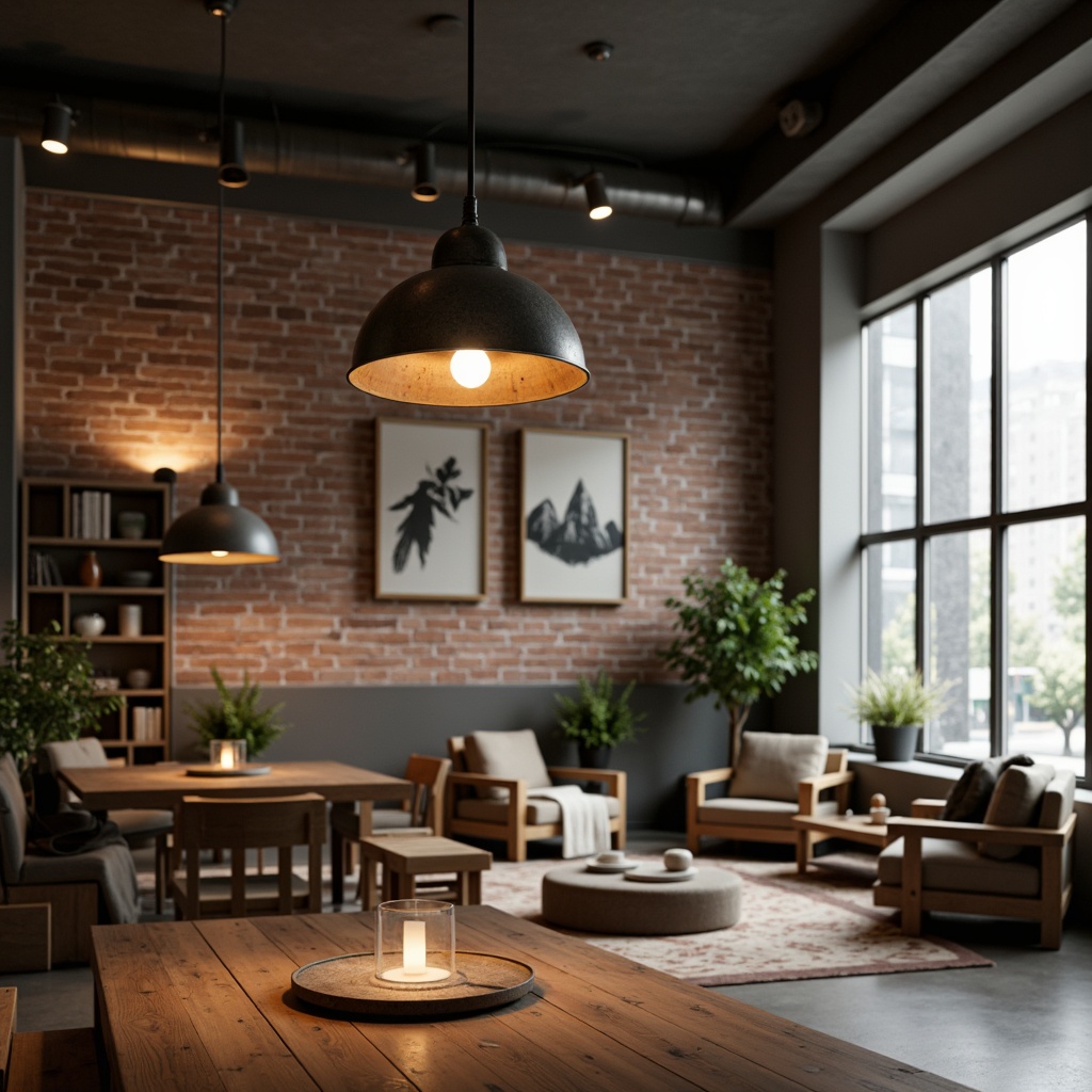 Prompt: Modern pendant lamps, sleek metal shades, warm soft glows, cozy ambiance, industrial chic decor, exposed brick walls, polished concrete floors, minimalist furniture, natural textiles, earthy color palette, urban loft atmosphere, airy open spaces, floor-to-ceiling windows, abundant daylight, gentle diffusion filters, 1/1 composition, realistic rendering.