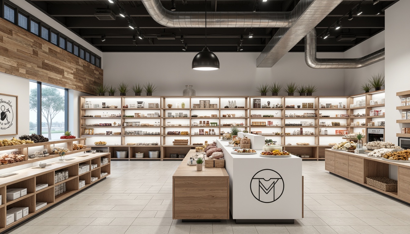 Prompt: Minimalist grocery store interior, industrial chic shelving units, reclaimed wood accents, metal beams, exposed ductwork, monochromatic color scheme, matte white display shelves, understated logo signage, open-framed product displays, geometric-patterned floor tiles, neutral-toned walls, abundant natural light, sparse decorative elements, modern track lighting, functional product categorization, clean lines, simplicity-focused visual merchandising.