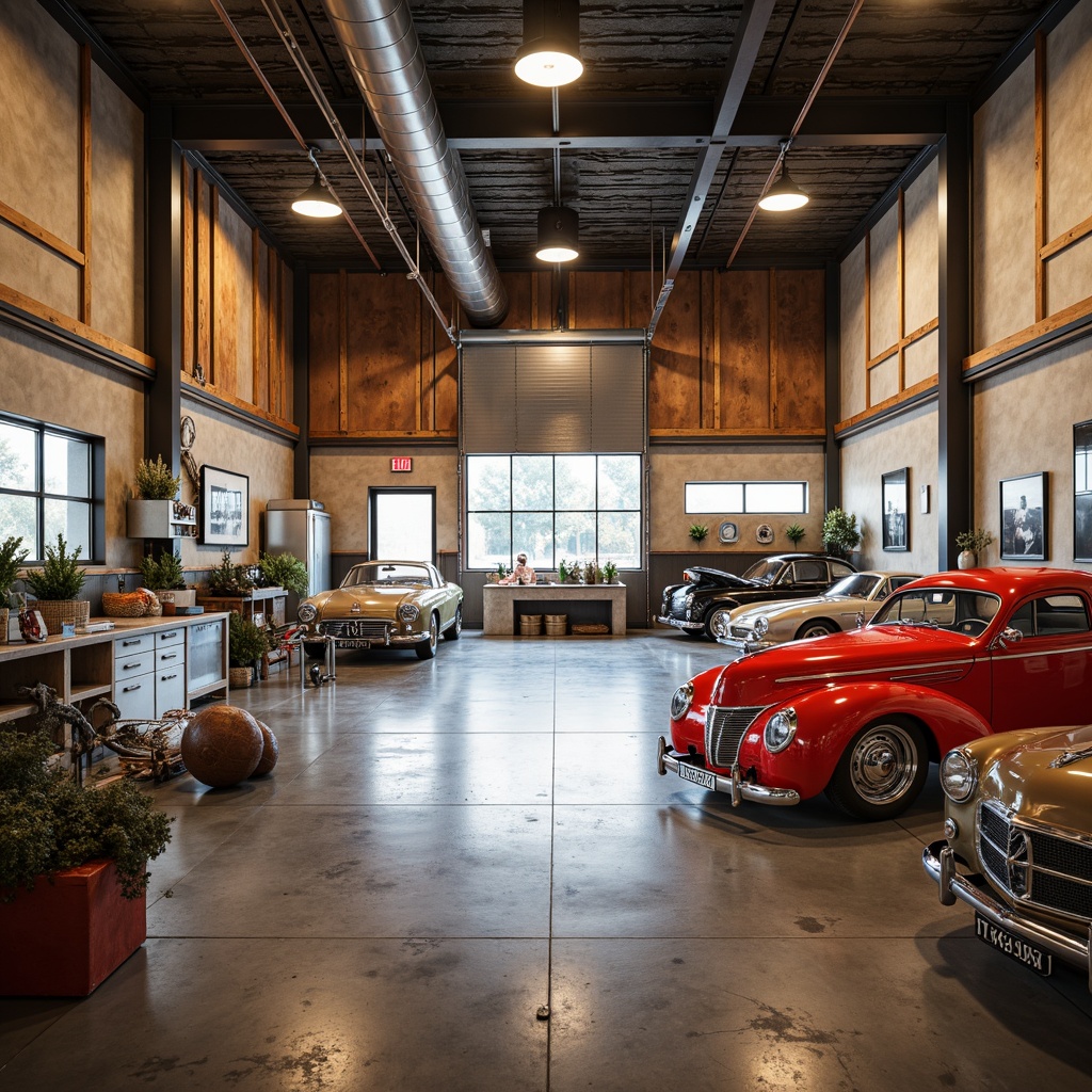 Prompt: Industrial garage interior, rustic metal accents, warm beige walls, rich wood tones, vintage car displays, polished chrome fixtures, bold red and silver color scheme, high-gloss epoxy floors, modern LED lighting, sleek aluminum cabinets, distressed concrete textures, urban industrial atmosphere, shallow depth of field, 1/1 composition, realistic metallic reflections.