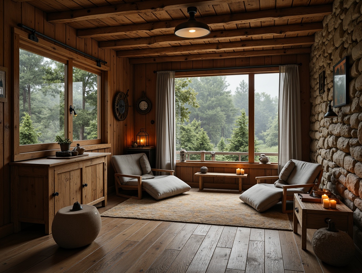 Prompt: Rustic cabin, earthy tones, weathered wood accents, natural stone walls, vintage metal decorations, warm beige floors, distressed wooden furniture, soft candle lighting, misty forest surroundings, overcast sky, warm color temperatures, muted saturation levels, 1/2 composition, intimate atmosphere, realistic textures, ambient occlusion.