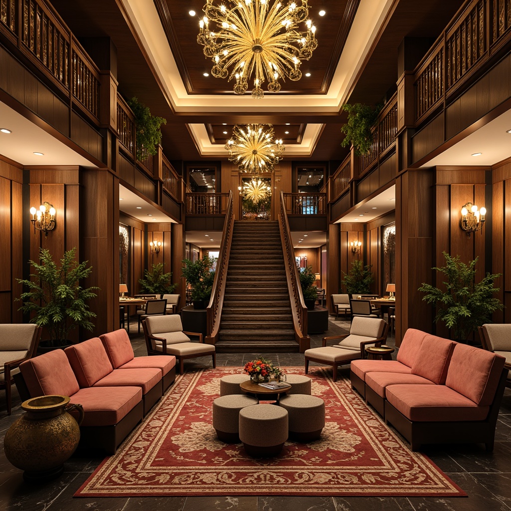 Prompt: Luxurious Art Deco lounge, opulent furnishings, velvety sofas, ornate armchairs, metallic accents, geometric patterns, lavish chandeliers, rich wood paneling, marble flooring, grand staircase, intimate seating areas, plush rugs, sophisticated color palette, warm golden lighting, subtle shading, 1/1 composition, realistic reflections, ambient occlusion.