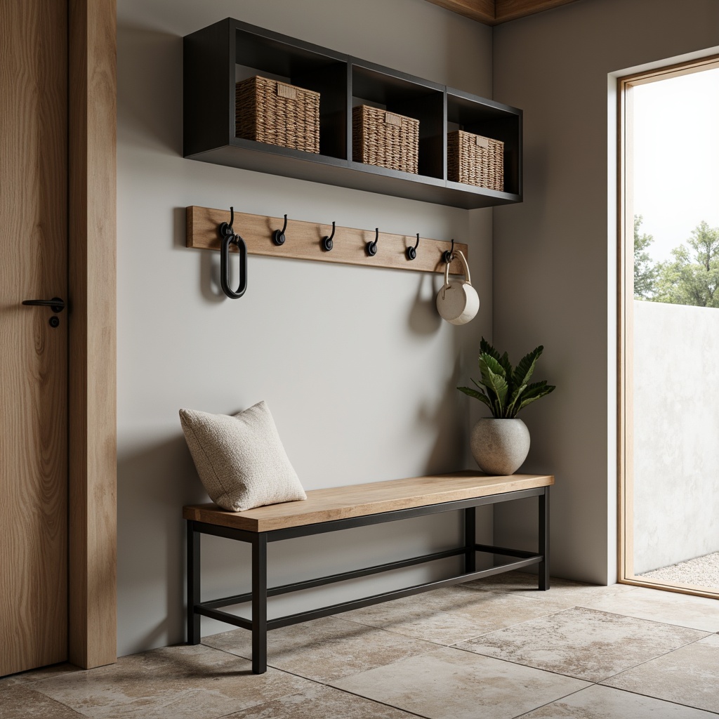 Prompt: Minimalist mudroom, industrial metal bench, sleek wooden shelf, natural stone flooring, matte black hooks, woven wicker baskets, simple metal coat rack, earthy tone walls, abundant natural light, shallow depth of field, 3/4 composition, realistic textures, ambient occlusion.