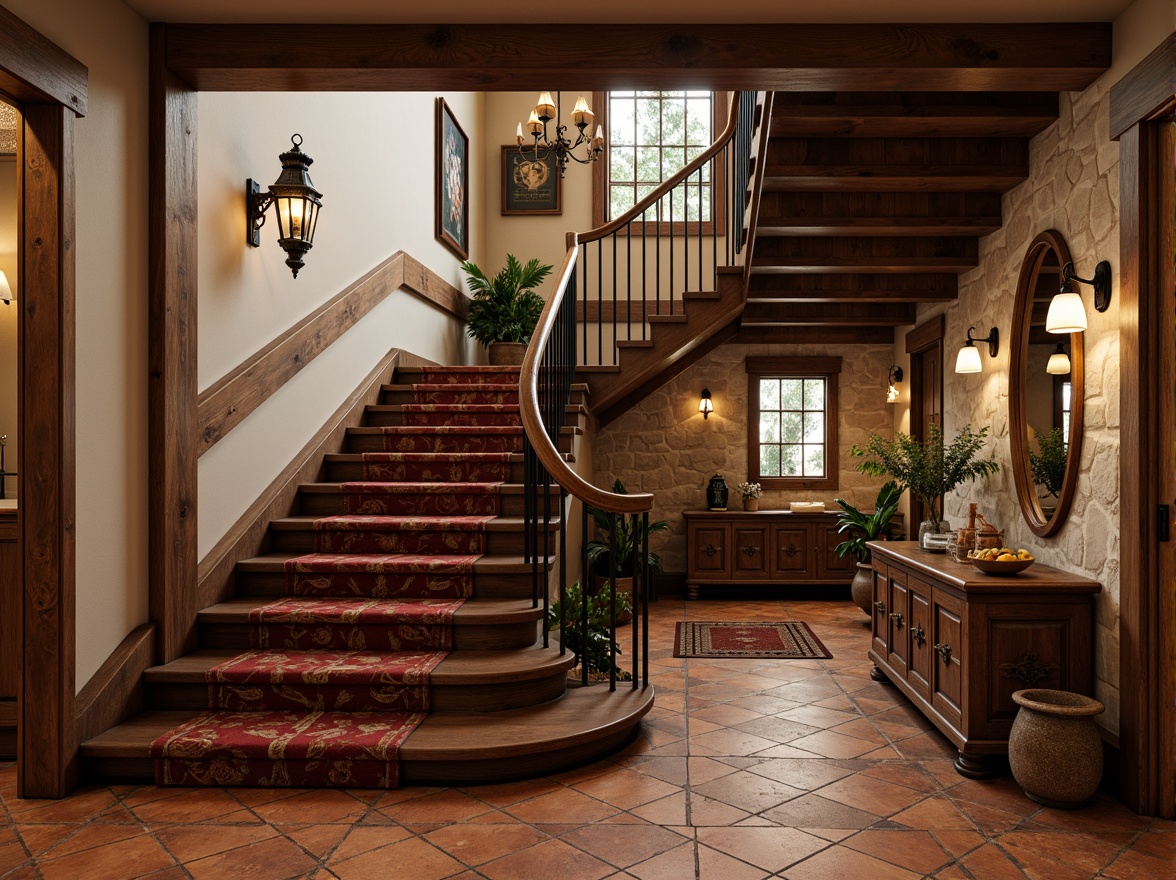 Prompt: Rustic craftsman staircase, warm wooden treads, earthy terracotta tiles, geometric patterned risers, natural stone walls, distressed wood banisters, ornate metal railings, vintage-inspired lanterns, cozy landing areas, richly textured carpets, warm ambient lighting, shallow depth of field, 1/2 composition, realistic material rendering, subtle camera movements.