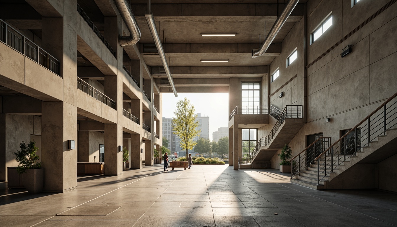 Prompt: Rugged high school building, brutalist architecture, raw concrete walls, exposed ductwork, industrial-style lighting, polished steel beams, functional staircases, open-air corridors, natural stone flooring, minimalist decor, abundant daylight, dramatic shadows, atmospheric misting system, urban cityscape backdrop, warm afternoon sunlight, shallow depth of field, 1/1 composition, symmetrical framing, gritty textures, ambient occlusion.